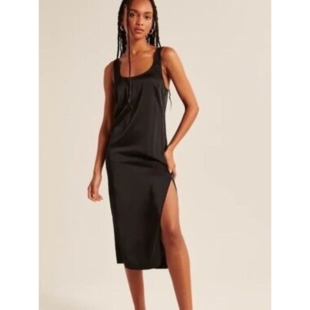 Abercrombie Fitch Dress Satin Column Midi Slip Black Women’s Small Tall NEW
